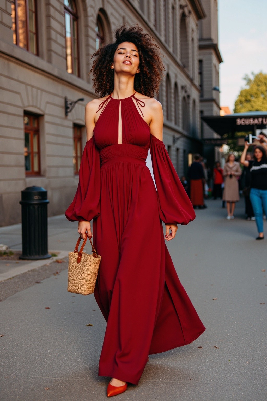Red Gown and Basket Bag
